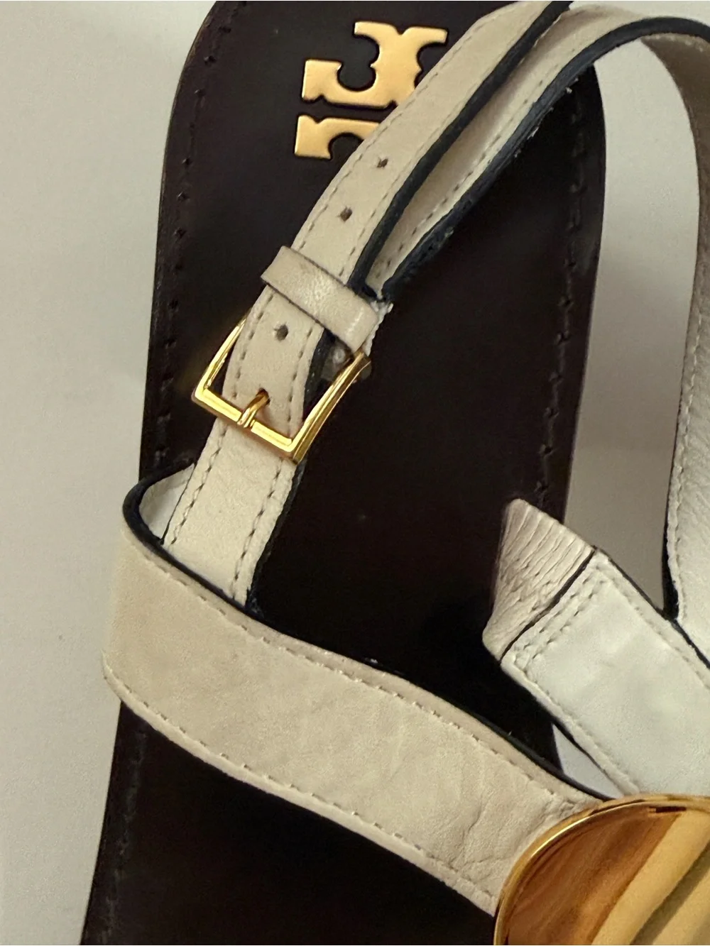 Tory Burch White Leather Sandals with Gold Disc Detail